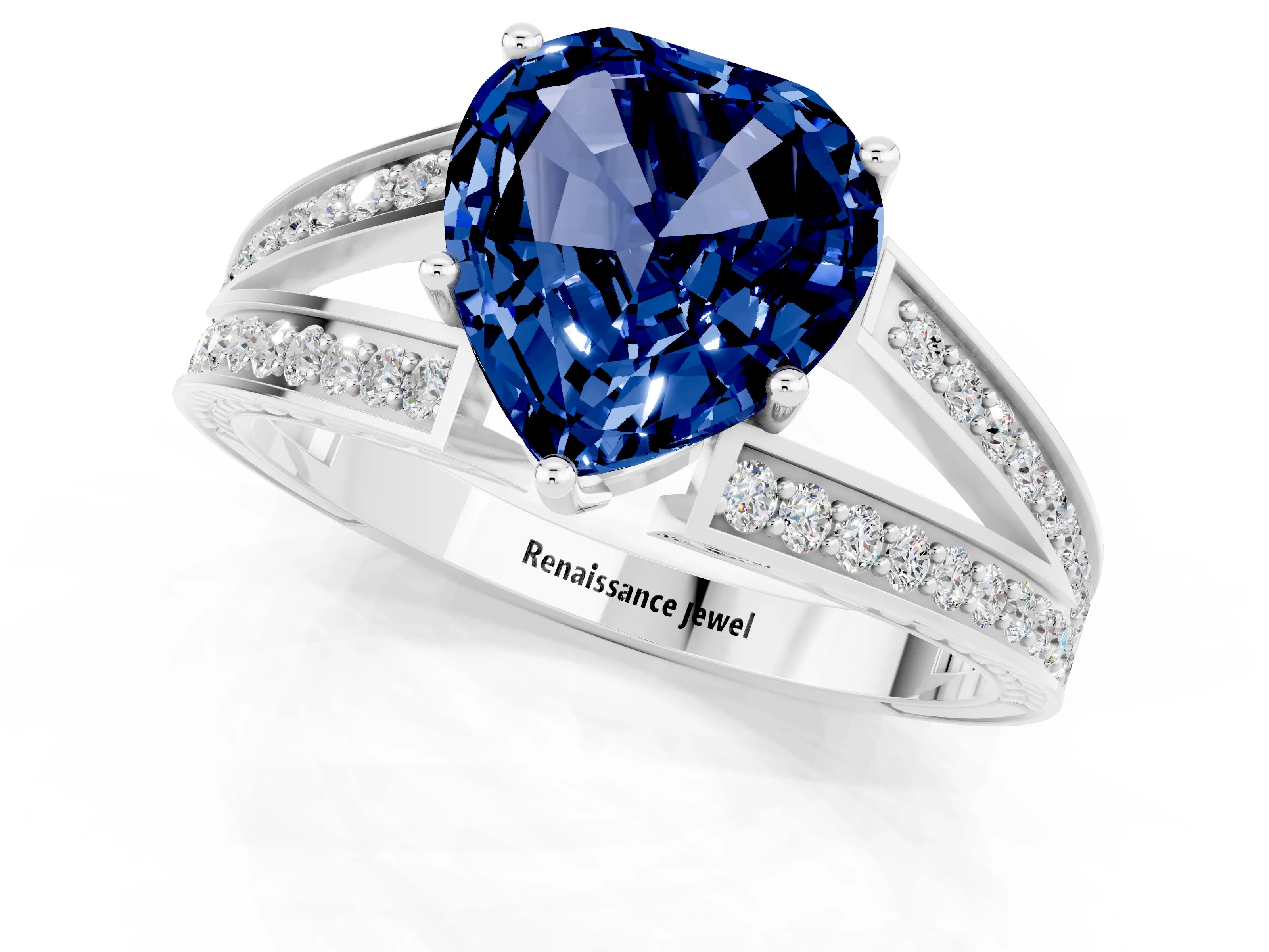 White gold Heart Cut Blue Sapphire Split Shank Ring with Pavé Band and Four-Prong Setting_1