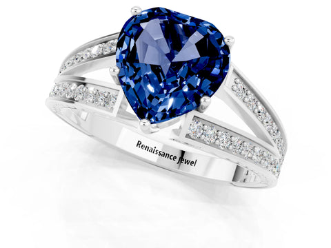 White gold Heart Cut Blue Sapphire Split Shank Ring with Pavé Band and Four-Prong Setting_1