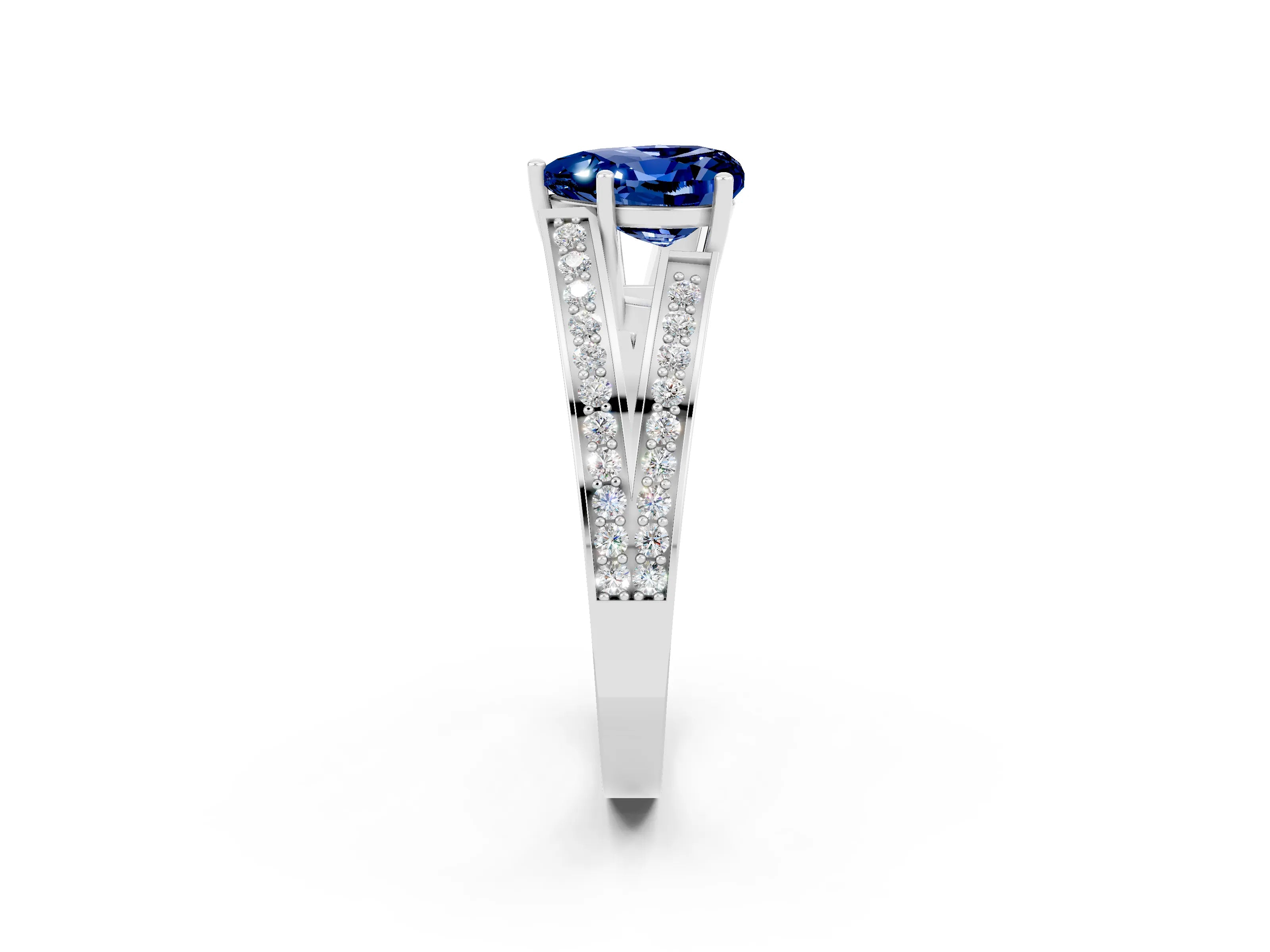 White gold Heart Cut Blue Sapphire Split Shank Ring with Pavé Band and Four-Prong Setting_2