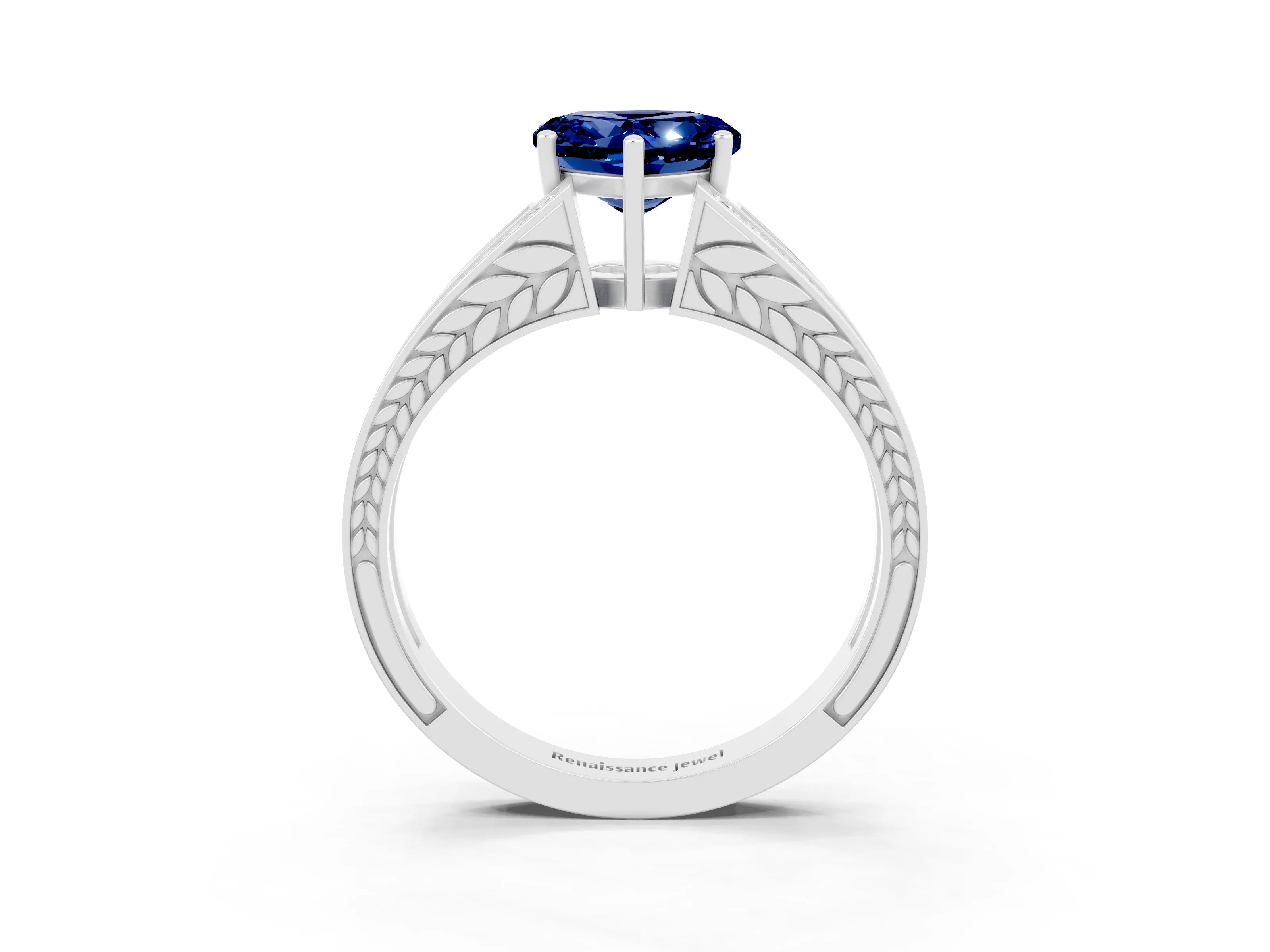 White gold Heart Cut Blue Sapphire Split Shank Ring with Pavé Band and Four-Prong Setting_3
