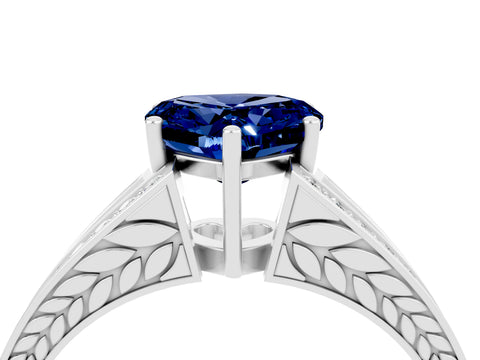 White gold Heart Cut Blue Sapphire Split Shank Ring with Pavé Band and Four-Prong Setting_4