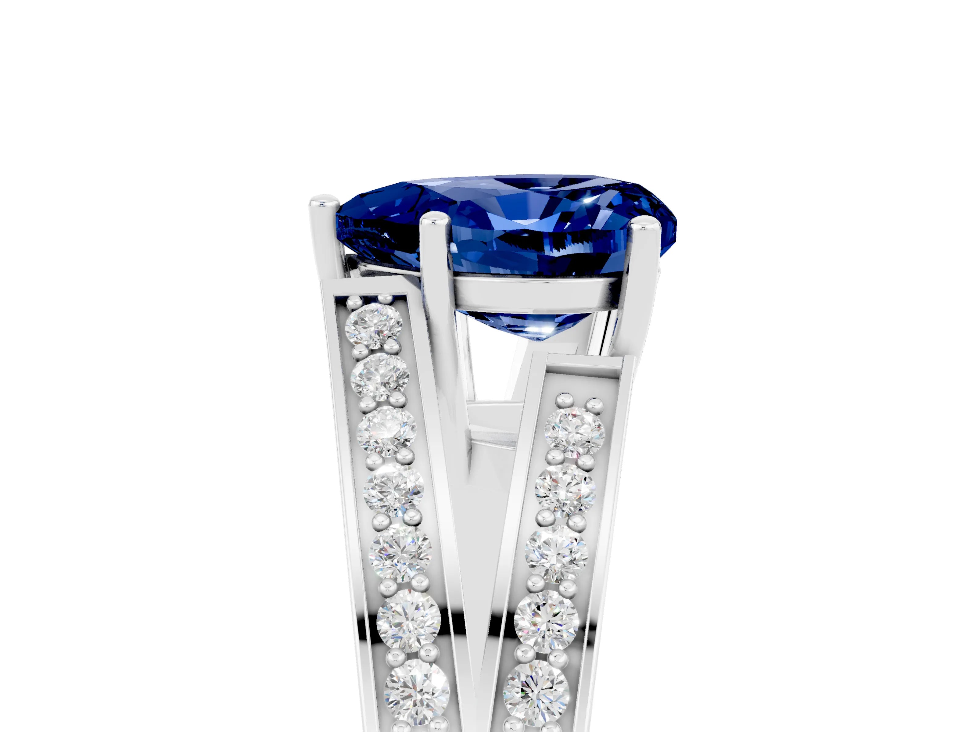 White gold Heart Cut Blue Sapphire Split Shank Ring with Pavé Band and Four-Prong Setting_5