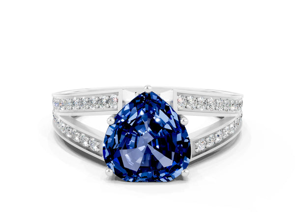 White gold Heart Cut Blue Sapphire Split Shank Ring with Pavé Band and Four-Prong Setting