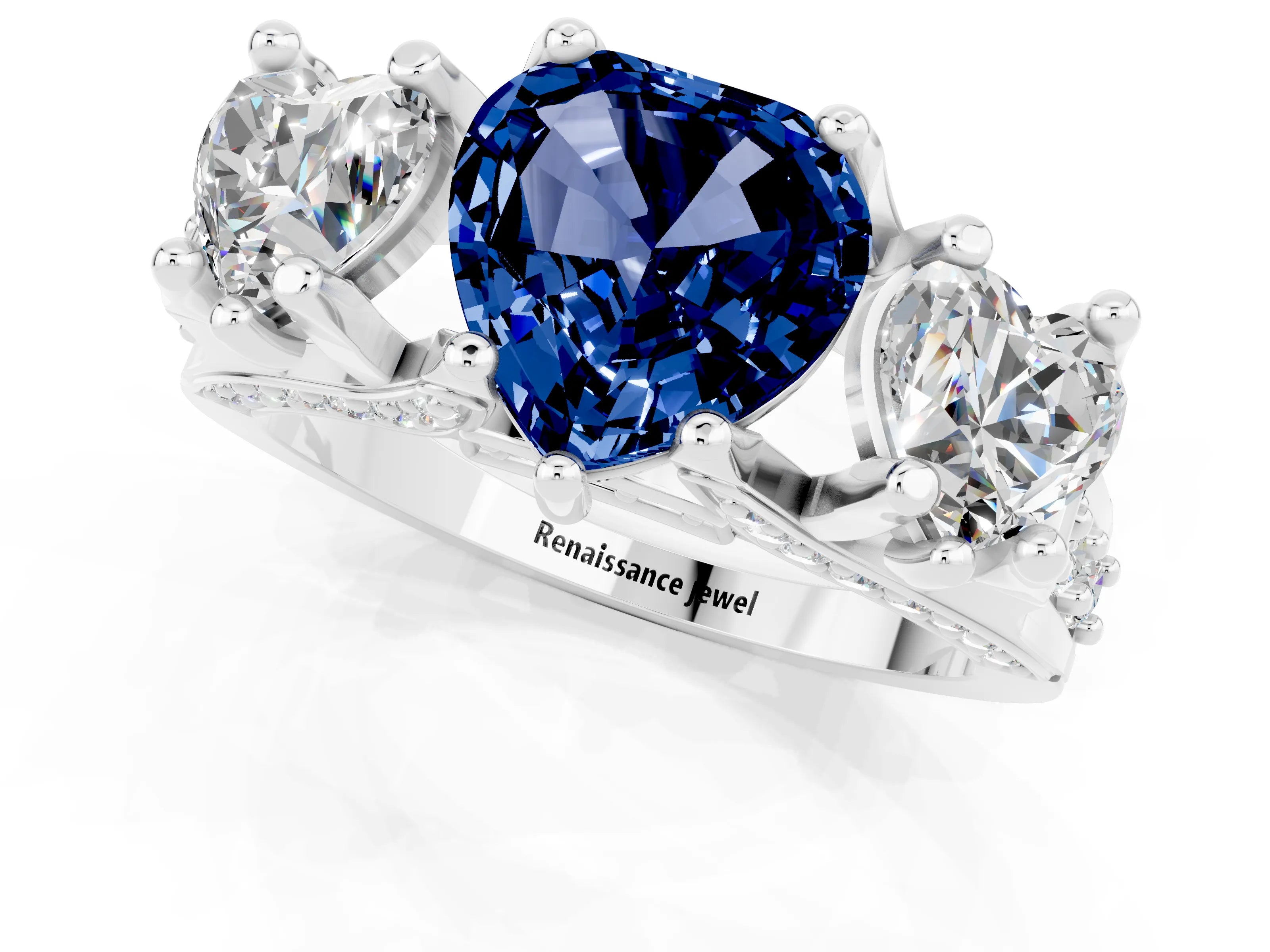 White gold Heart Cut Blue Sapphire Three-Stone Ring with Channel Set Band and Four-Prong Setting_1