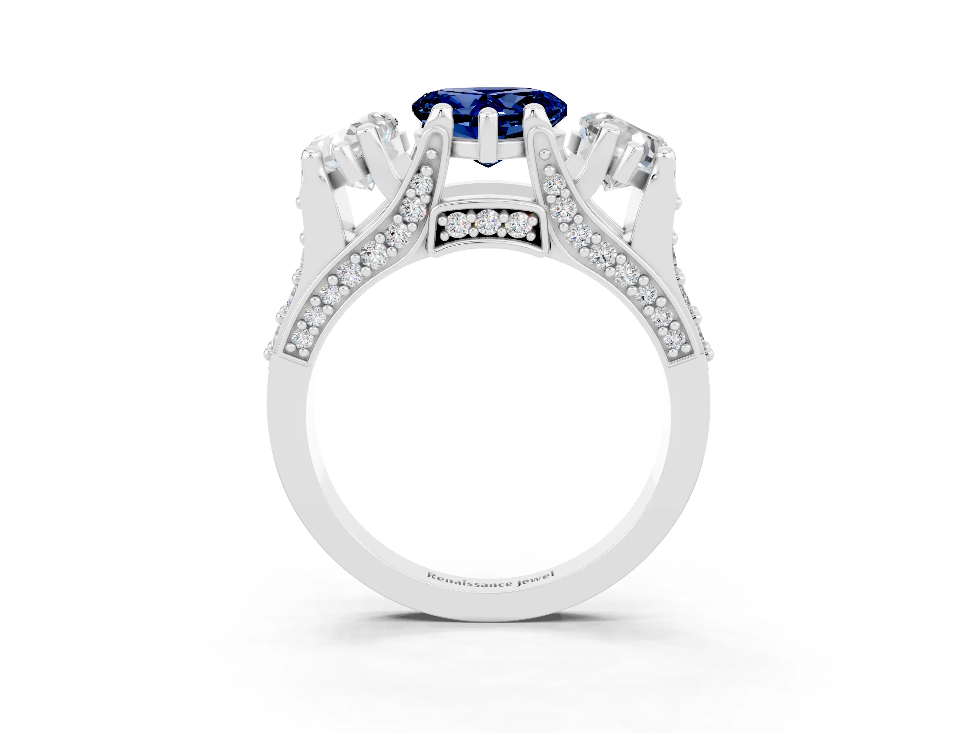 White gold Heart Cut Blue Sapphire Three-Stone Ring with Channel Set Band and Four-Prong Setting_3