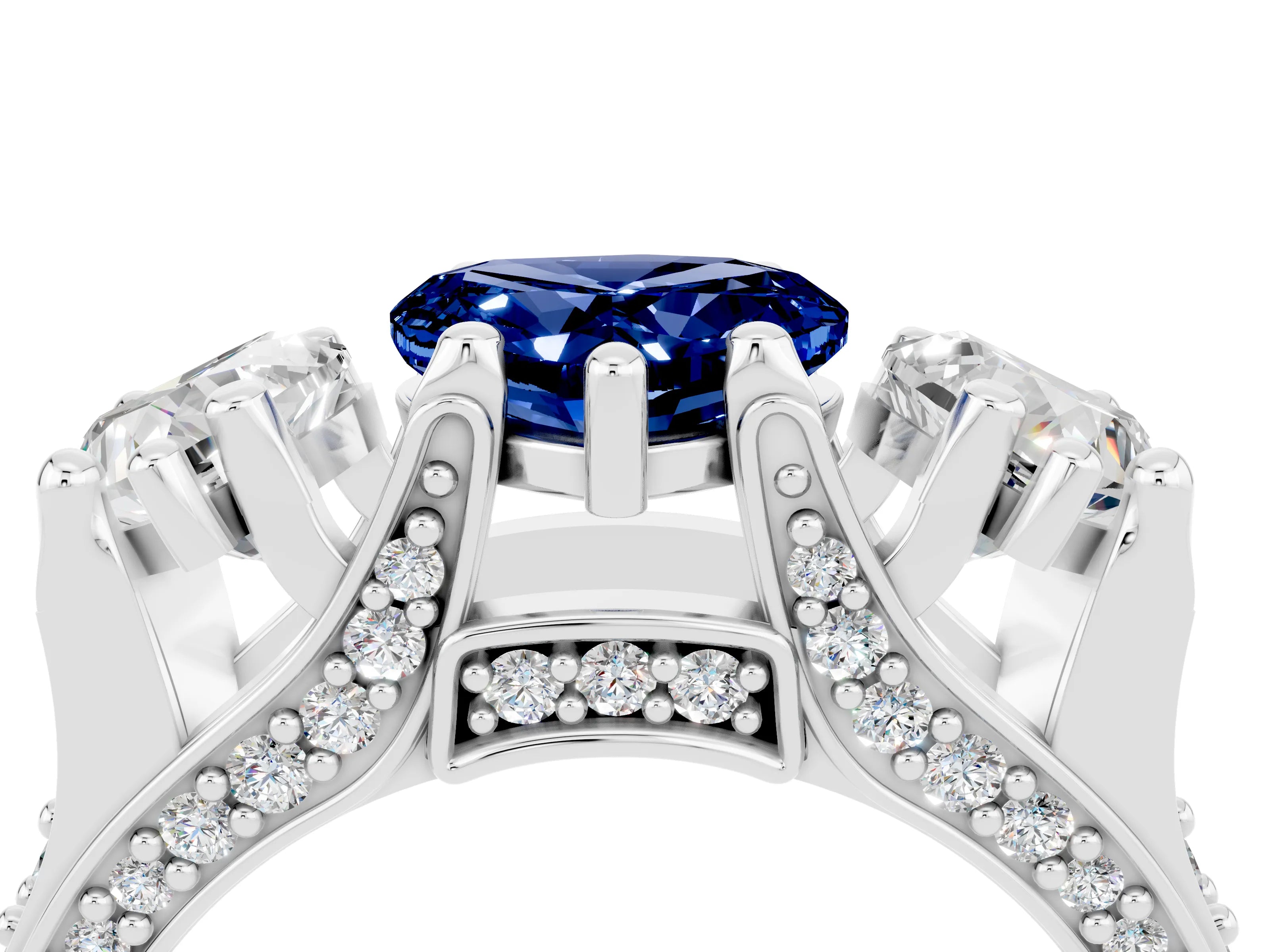 White gold Heart Cut Blue Sapphire Three-Stone Ring with Channel Set Band and Four-Prong Setting_4