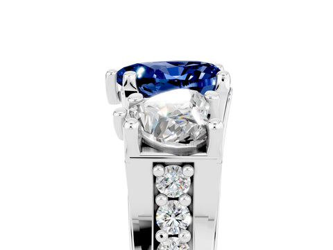 White gold Heart Cut Blue Sapphire Three-Stone Ring with Channel Set Band and Four-Prong Setting_5