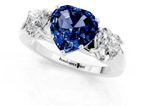 White gold Heart Cut Blue Sapphire Three-Stone Ring with Four-Prong Setting and Classic Band_1