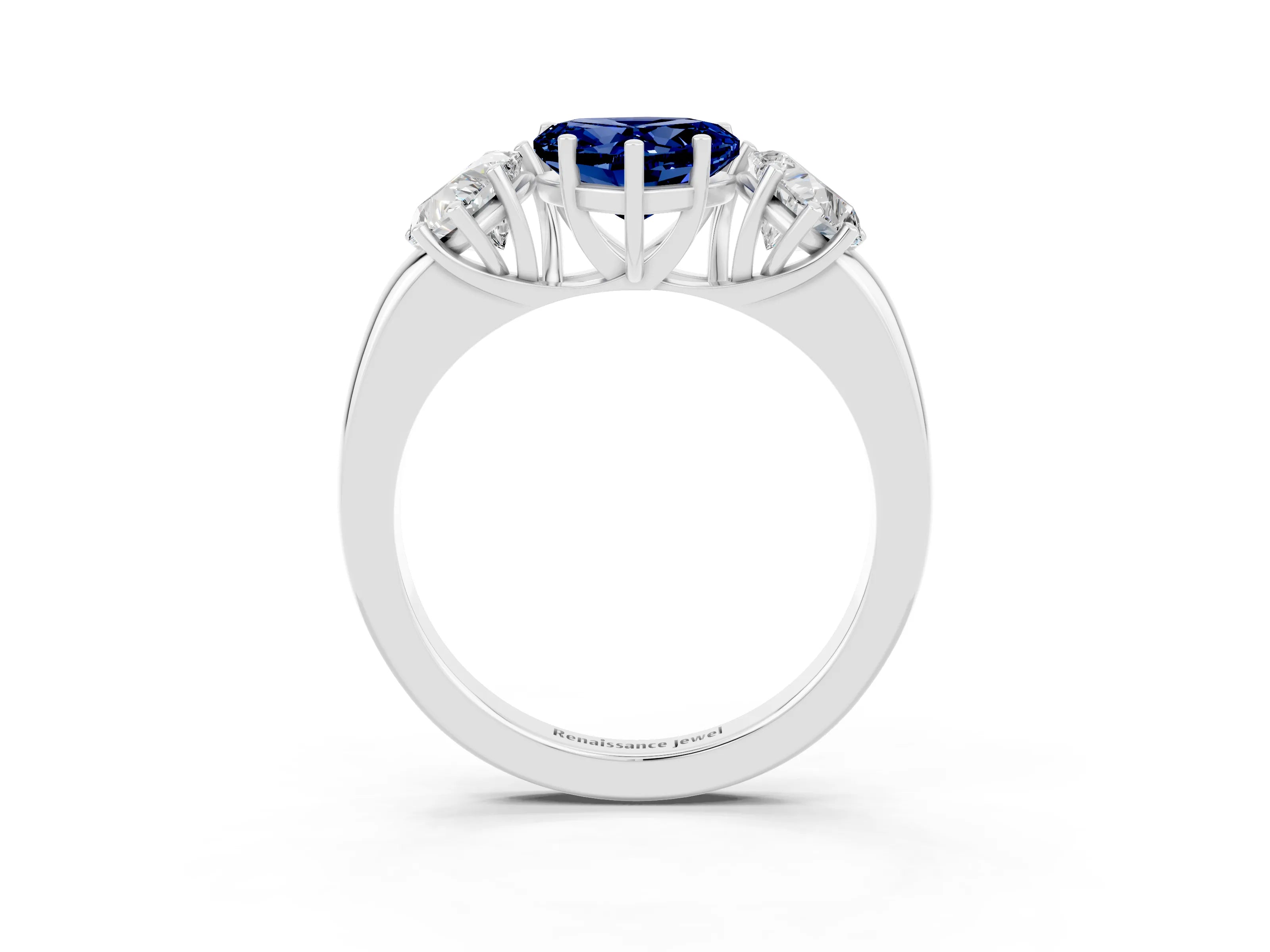 White gold Heart Cut Blue Sapphire Three-Stone Ring with Four-Prong Setting and Classic Band_3
