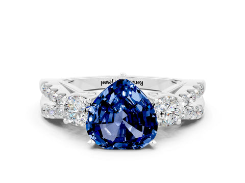 White gold Heart Cut Blue Sapphire Three-Stone Ring with Pavé Split Shank and Four-Prong Setting_24