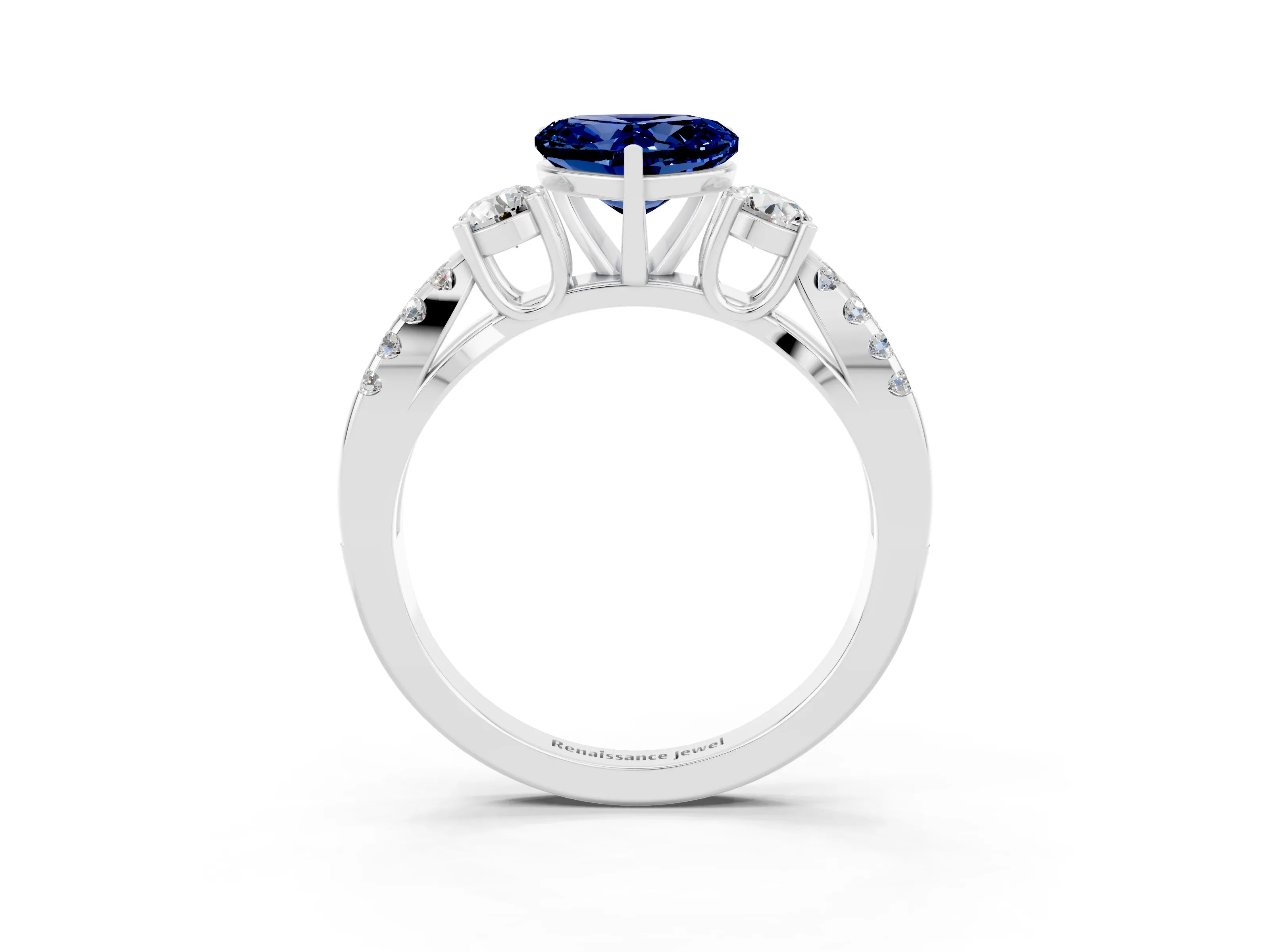 White gold Heart Cut Blue Sapphire Three-Stone Ring with Pavé Split Shank and Four-Prong Setting_27