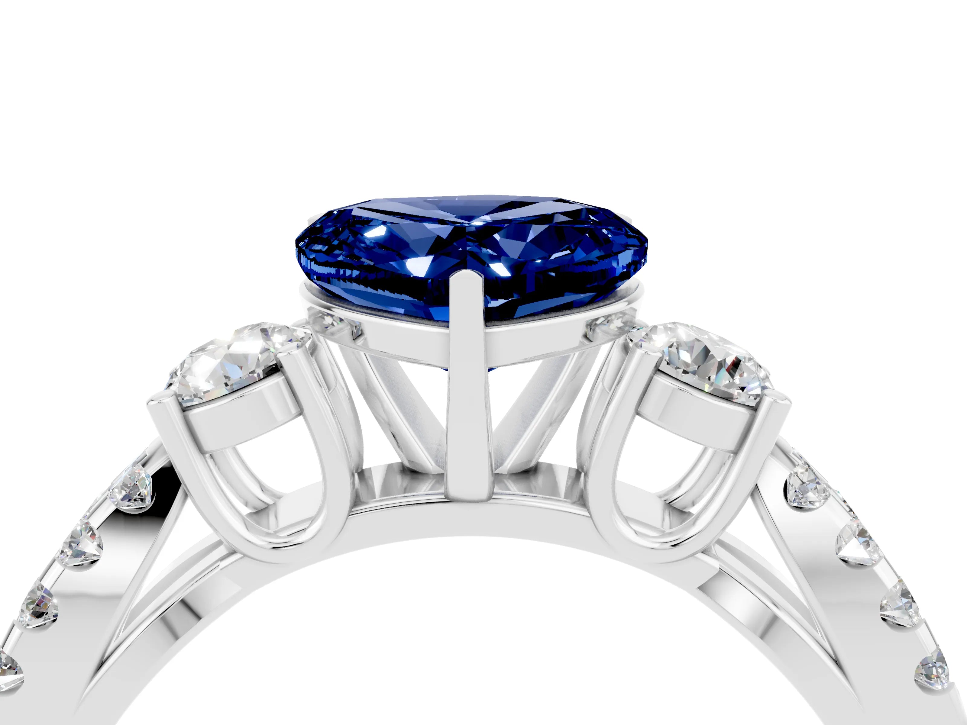 White gold Heart Cut Blue Sapphire Three-Stone Ring with Pavé Split Shank and Four-Prong Setting_28