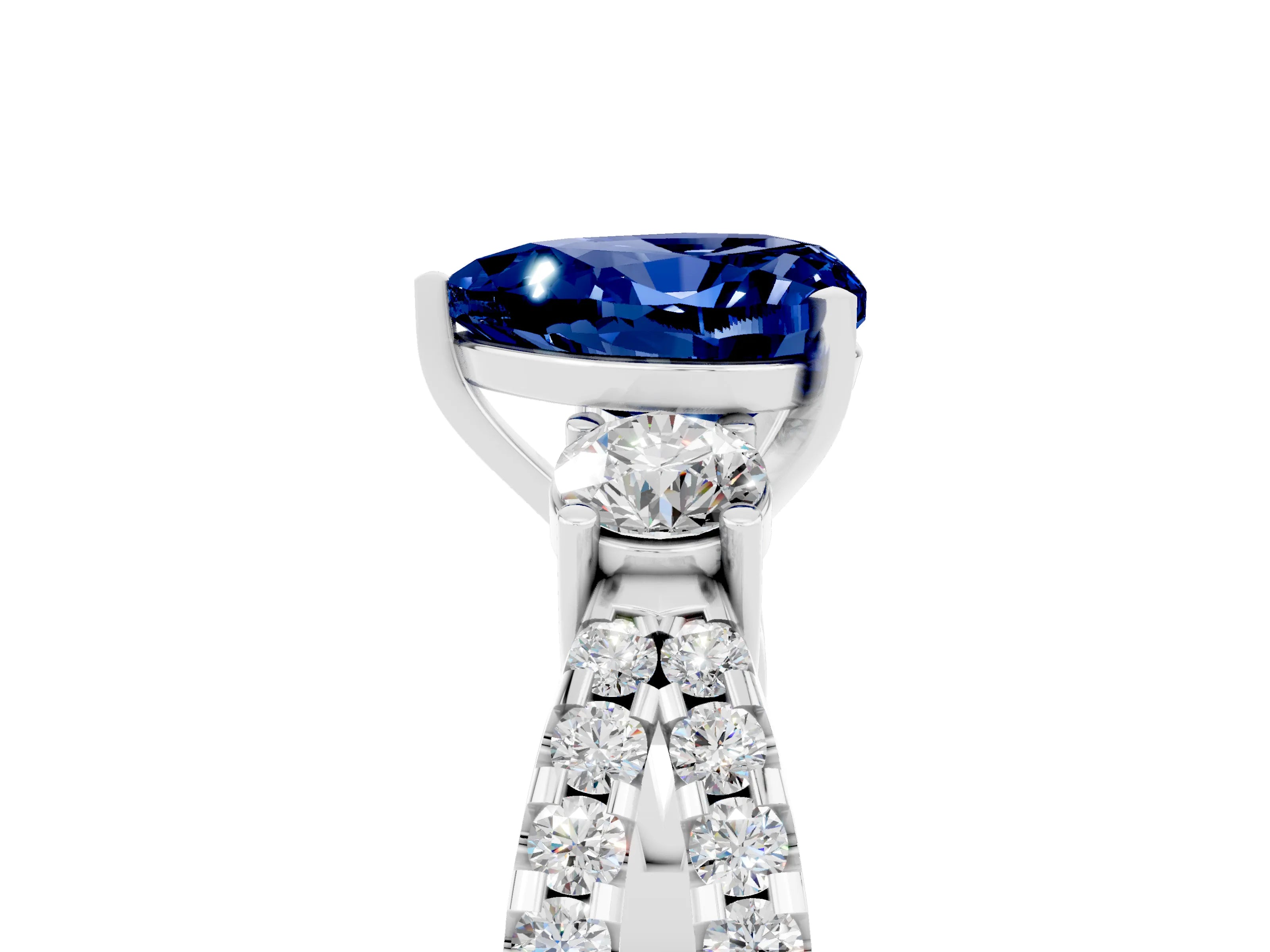 White gold Heart Cut Blue Sapphire Three-Stone Ring with Pavé Split Shank and Four-Prong Setting_29