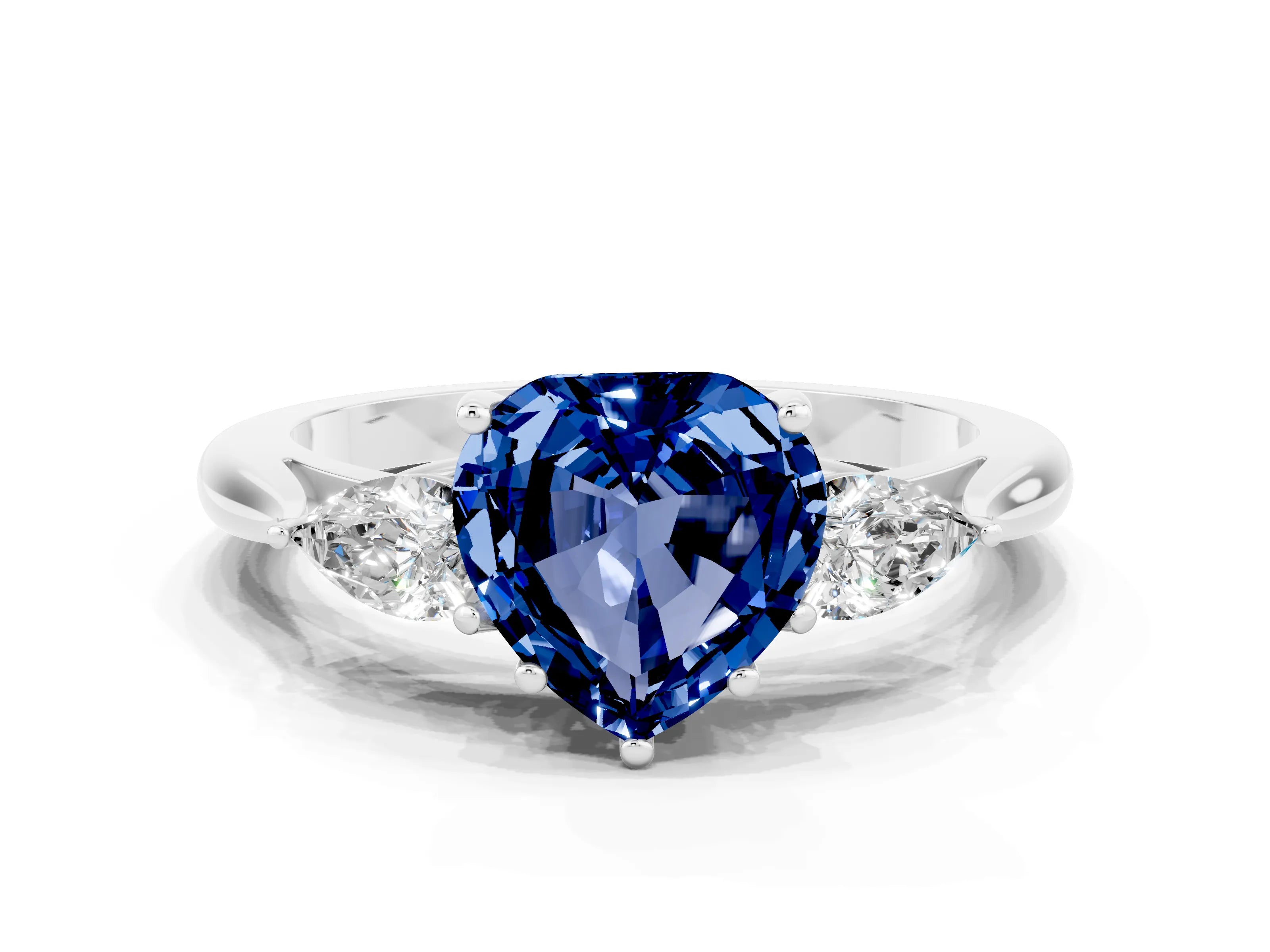 White gold Heart Cut Blue Sapphire Three-Stone Ring with Pear Side Stones and Four-Prong Setting_12
