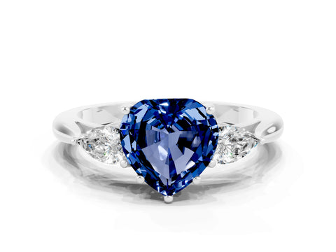 White gold Heart Cut Blue Sapphire Three-Stone Ring with Pear Side Stones and Four-Prong Setting_12