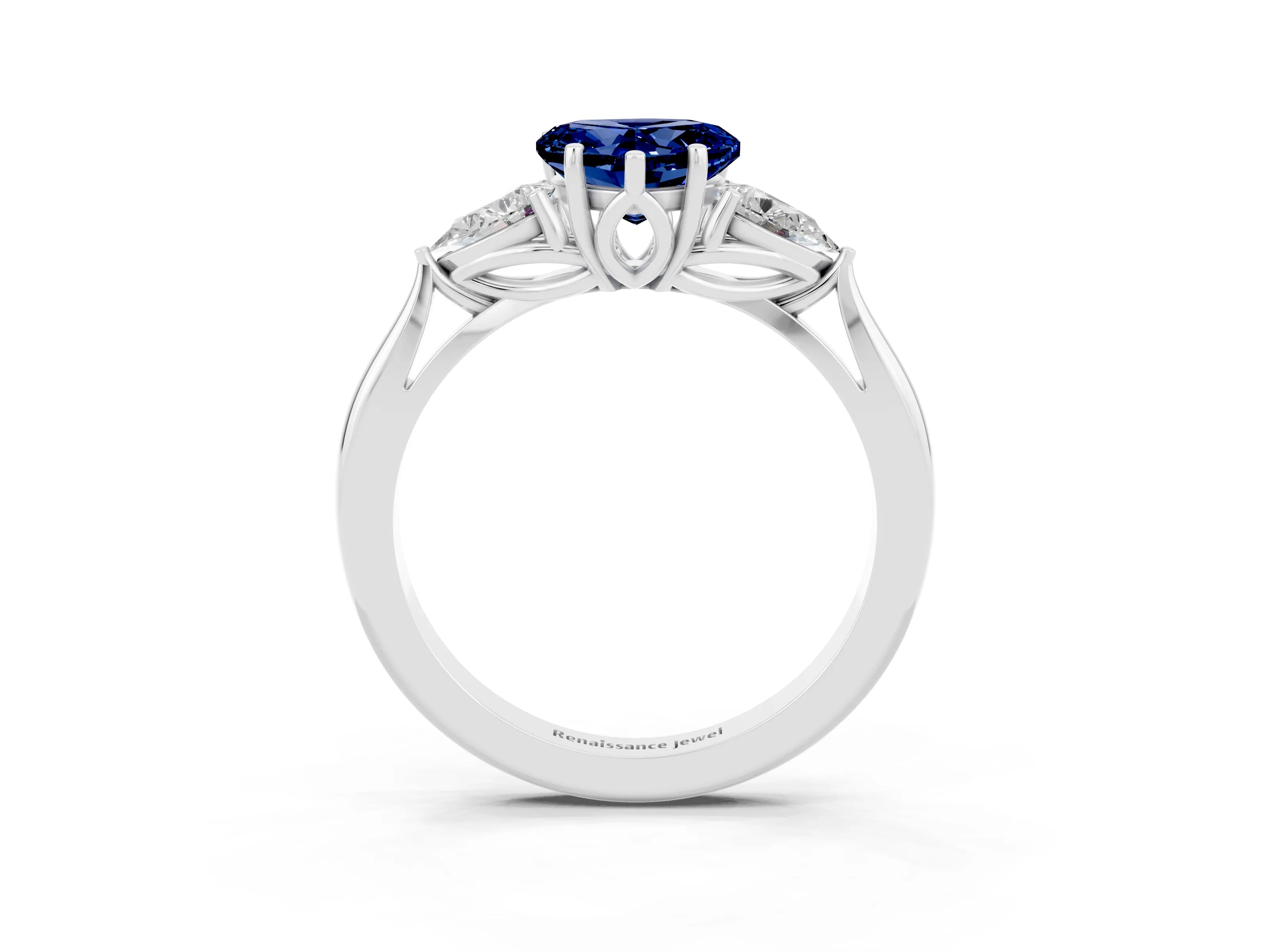 White gold Heart Cut Blue Sapphire Three-Stone Ring with Pear Side Stones and Four-Prong Setting_15