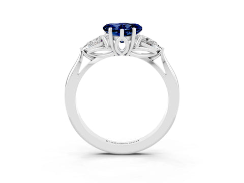 White gold Heart Cut Blue Sapphire Three-Stone Ring with Pear Side Stones and Four-Prong Setting_15