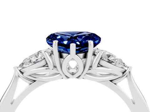 White gold Heart Cut Blue Sapphire Three-Stone Ring with Pear Side Stones and Four-Prong Setting_16