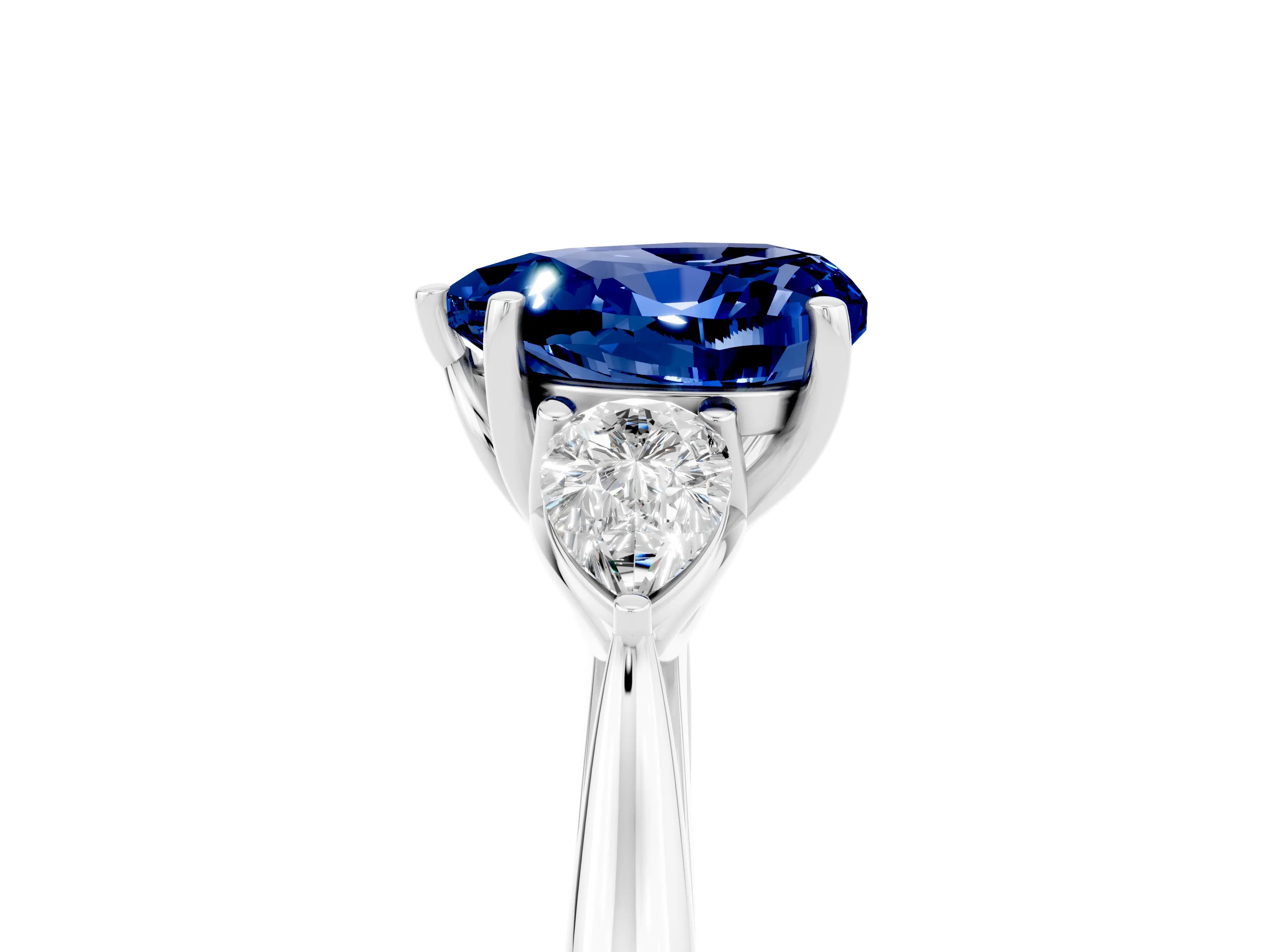 White gold Heart Cut Blue Sapphire Three-Stone Ring with Pear Side Stones and Four-Prong Setting_17