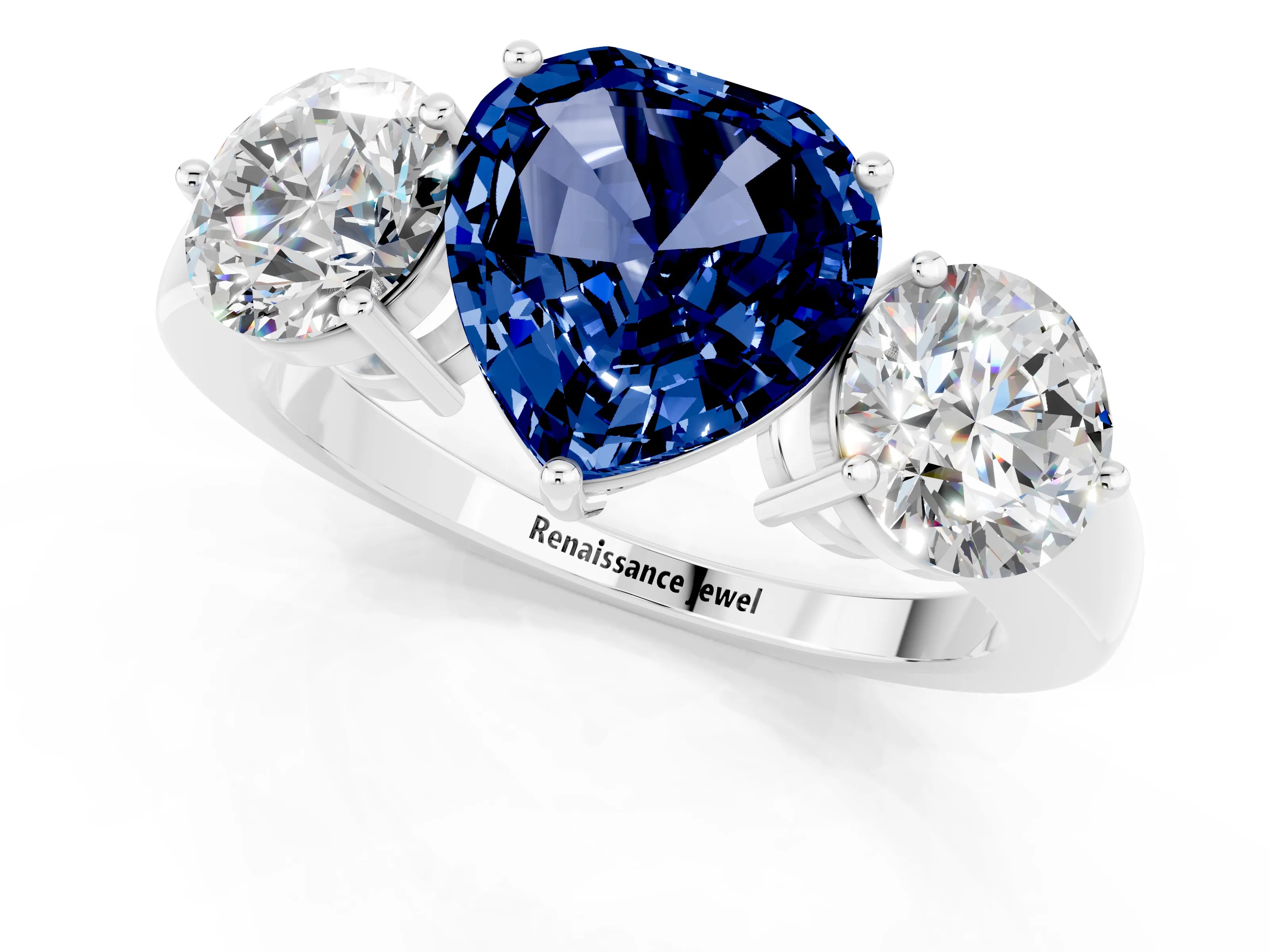 White gold Heart Cut Blue Sapphire Three-Stone Ring with Prong Setting and Classic Band_1