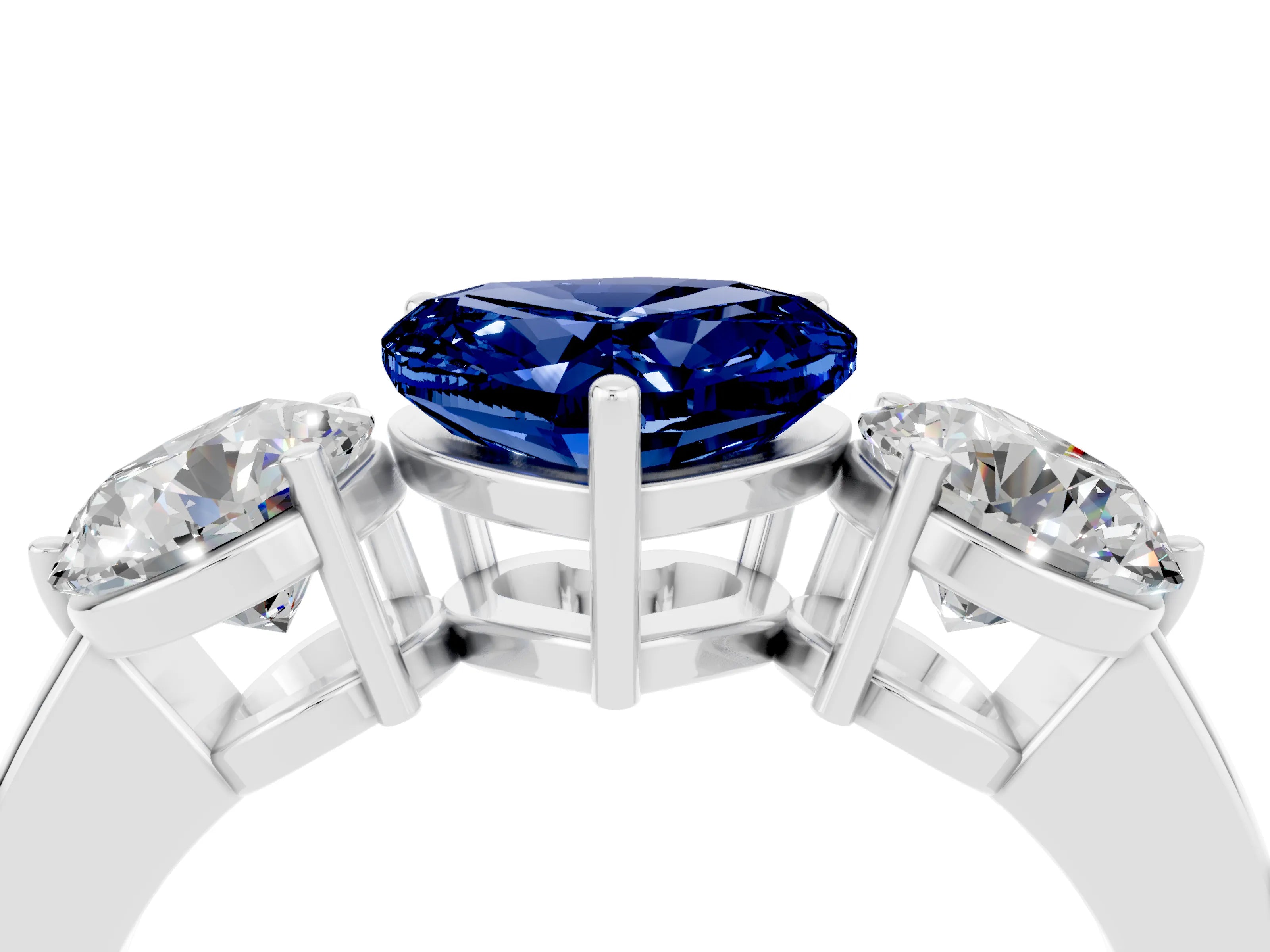 White gold Heart Cut Blue Sapphire Three-Stone Ring with Prong Setting and Classic Band_4