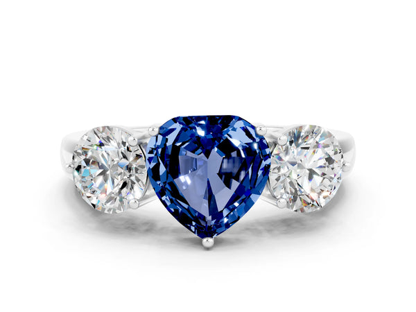 White gold Heart Cut Blue Sapphire Three-Stone Ring with Prong Setting and Classic Band
