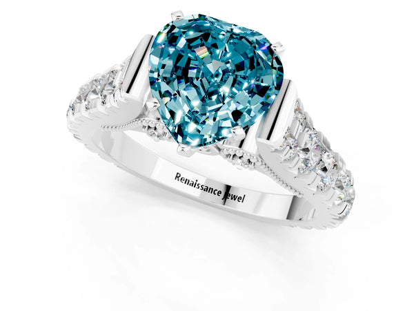 Platinum Heart Cut Blue Topaz Classic Solitaire Ring with Pavé Band and Four-Prong Setting
