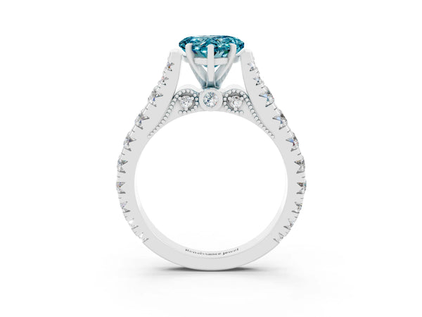 Silver Heart Cut Blue Topaz Classic Solitaire Ring with Pavé Band and Four-Prong Setting