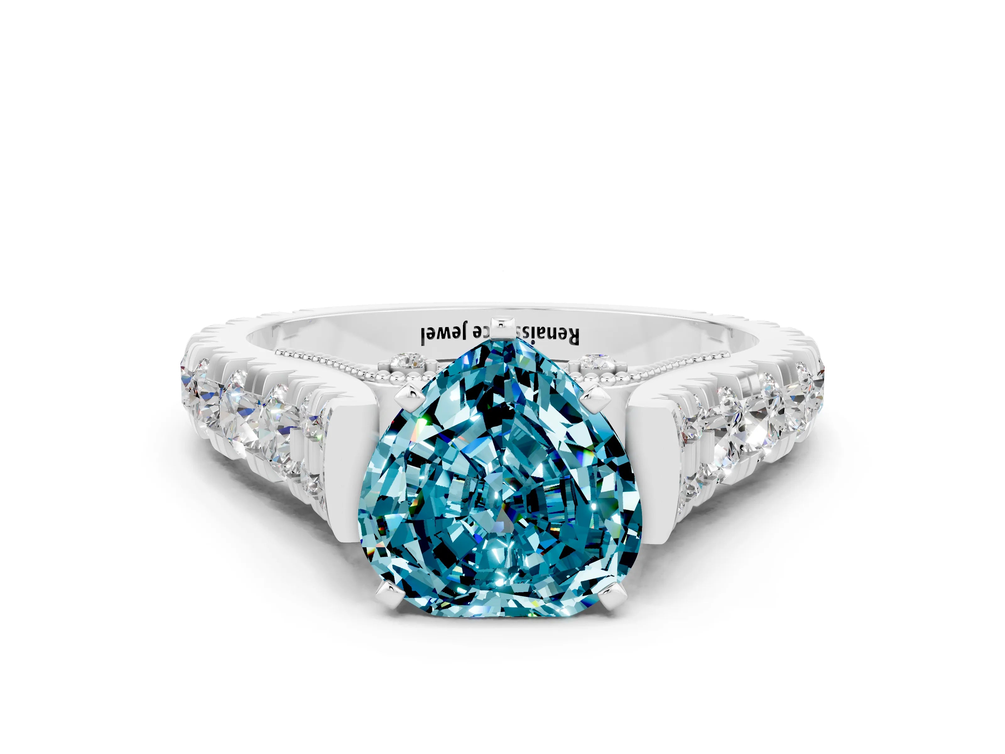 White gold Heart Cut Blue Topaz Classic Solitaire Ring with Pavé Band and Four-Prong Setting