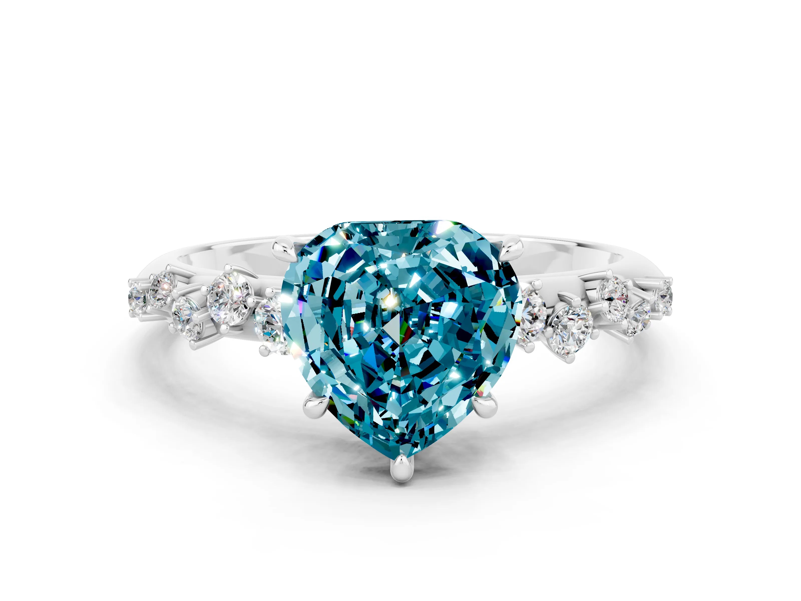 White gold Heart Cut Blue Topaz Cluster Side Stone Solitaire Ring with Prong Setting_24