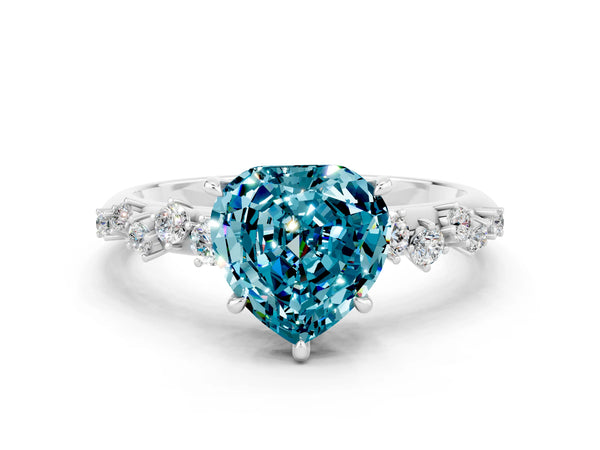 White gold Heart Cut Blue Topaz Cluster Side Stone Solitaire Ring with Prong Setting