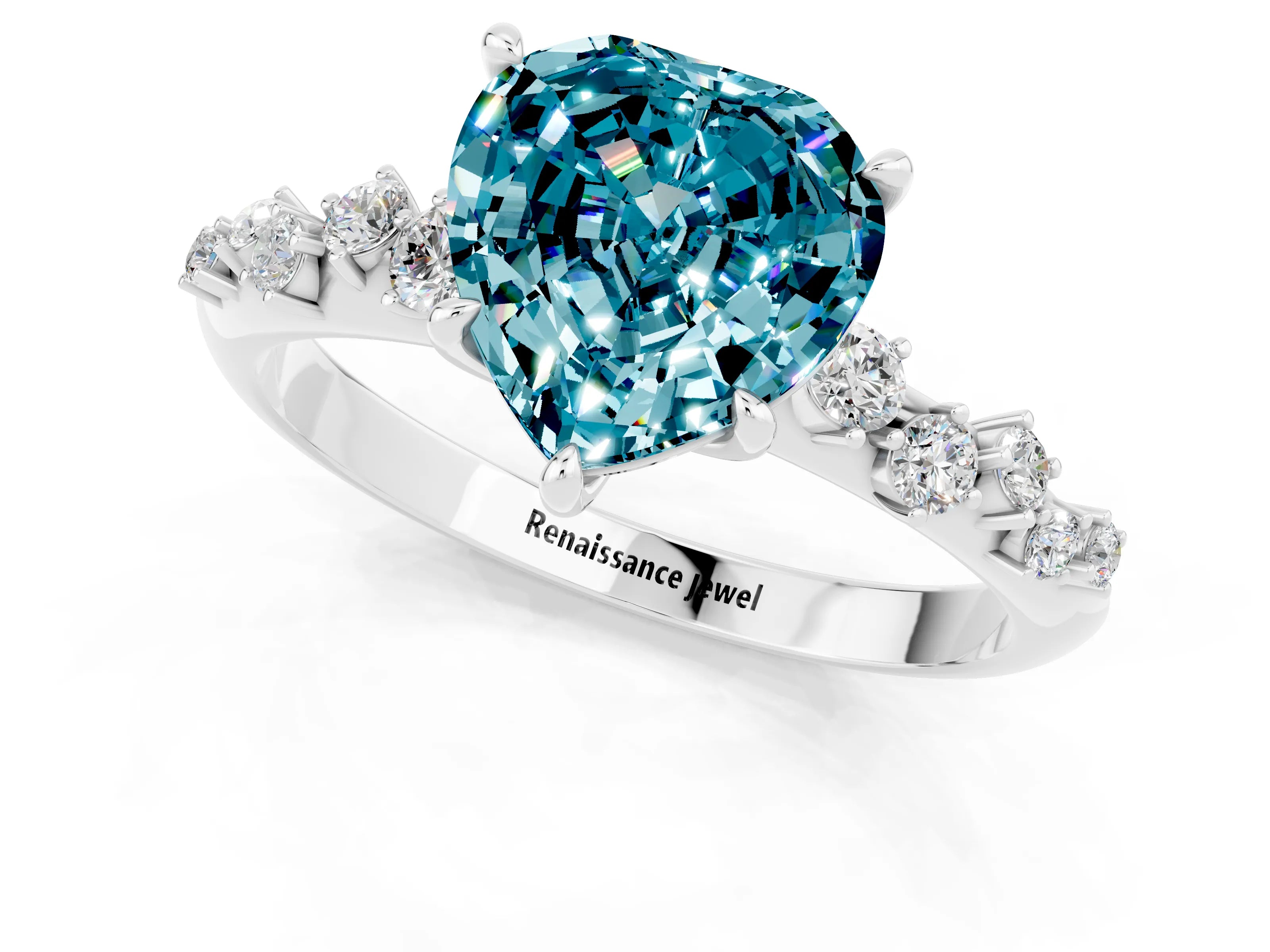 White gold Heart Cut Blue Topaz Cluster Side Stone Solitaire Ring with Prong Setting_25