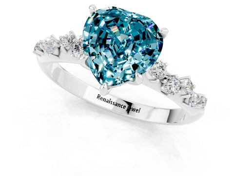 White gold Heart Cut Blue Topaz Cluster Side Stone Solitaire Ring with Prong Setting_25