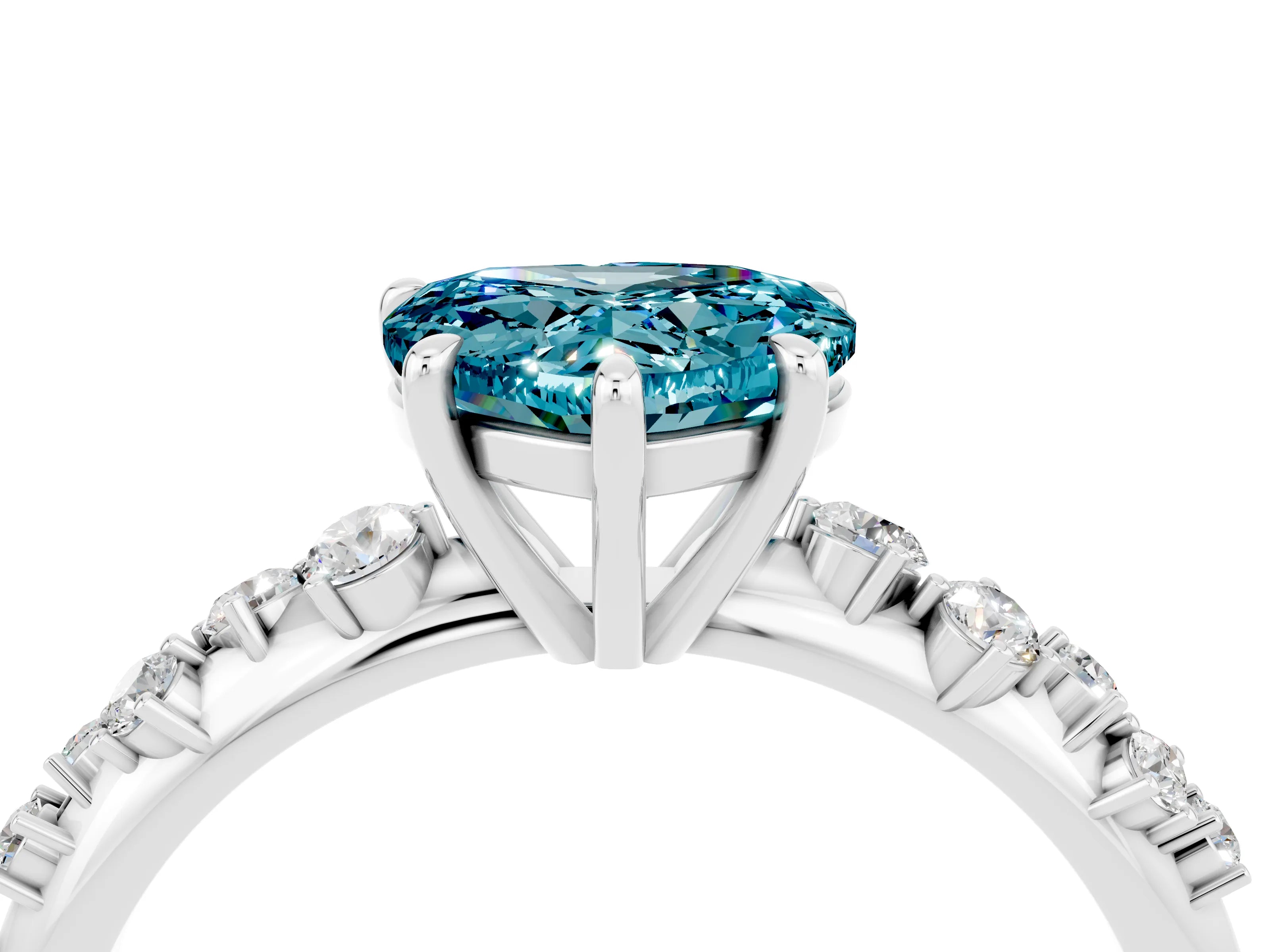 White gold Heart Cut Blue Topaz Cluster Side Stone Solitaire Ring with Prong Setting_28