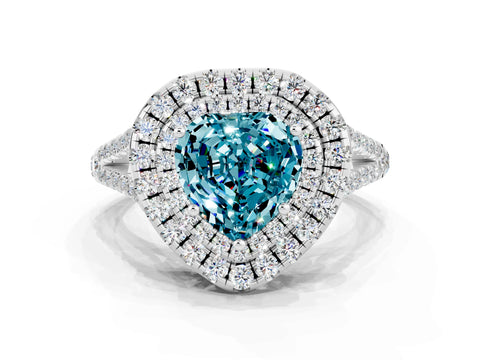 White gold Heart Cut Blue Topaz Double Halo Ring with Pavé Band and Prong Setting_12