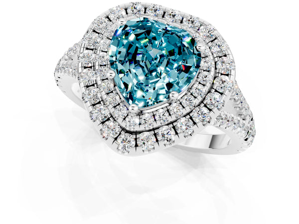 White gold Heart Cut Blue Topaz Double Halo Ring with Pavé Band and Prong Setting