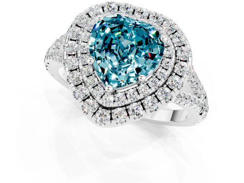 White gold Heart Cut Blue Topaz Double Halo Ring with Pavé Band and Prong Setting_13
