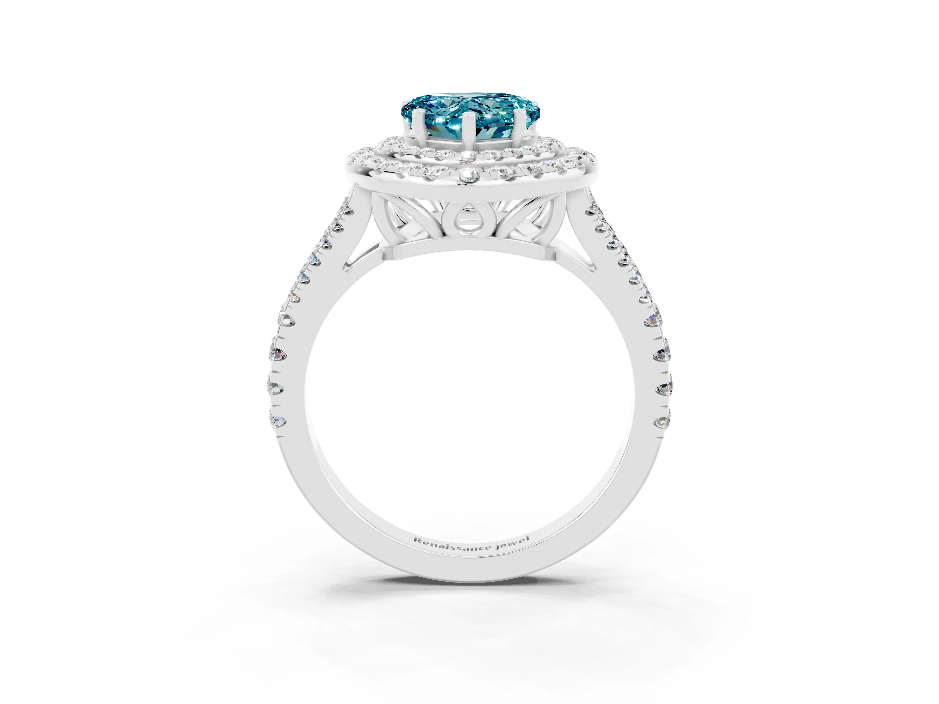 White gold Heart Cut Blue Topaz Double Halo Ring with Pavé Band and Prong Setting_15