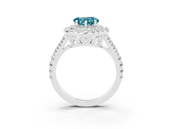 Silver Heart Cut Blue Topaz Double Halo Ring with Pavé Band and Prong Setting