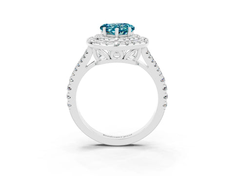 White gold Heart Cut Blue Topaz Double Halo Ring with Pavé Band and Prong Setting_15