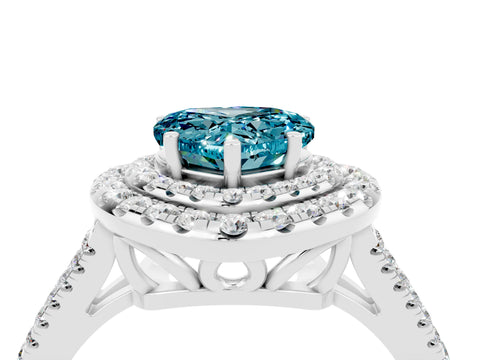 White gold Heart Cut Blue Topaz Double Halo Ring with Pavé Band and Prong Setting_16