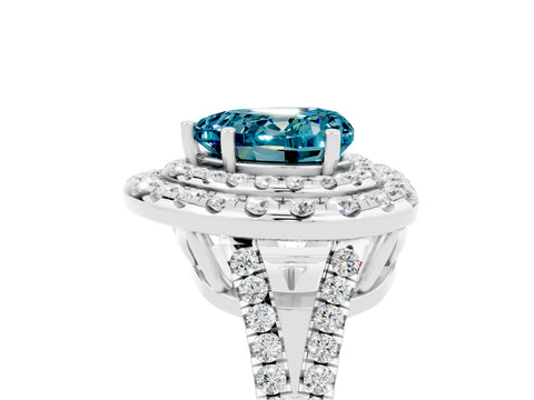 White gold Heart Cut Blue Topaz Double Halo Ring with Pavé Band and Prong Setting_17
