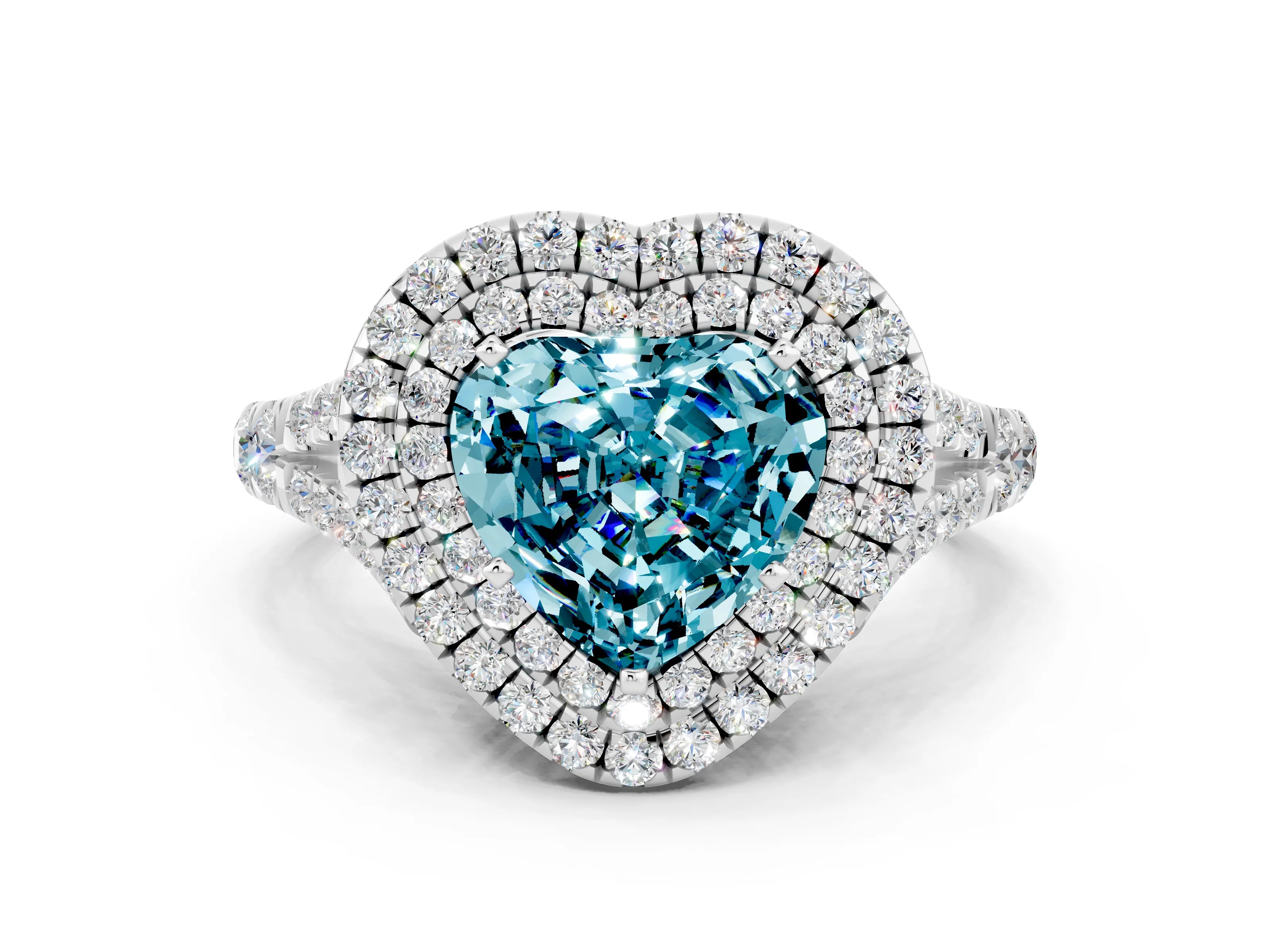 White gold Heart Cut Blue Topaz Double Halo Ring with Split Shank and Prong Setting_12