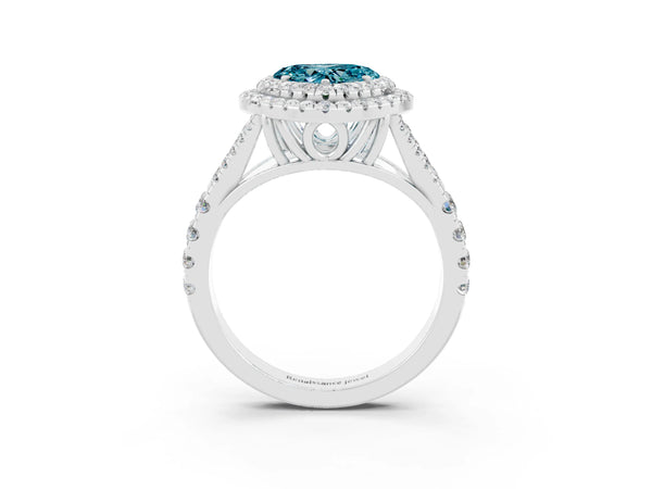Platinum Heart Cut Blue Topaz Double Halo Ring with Split Shank and Prong Setting