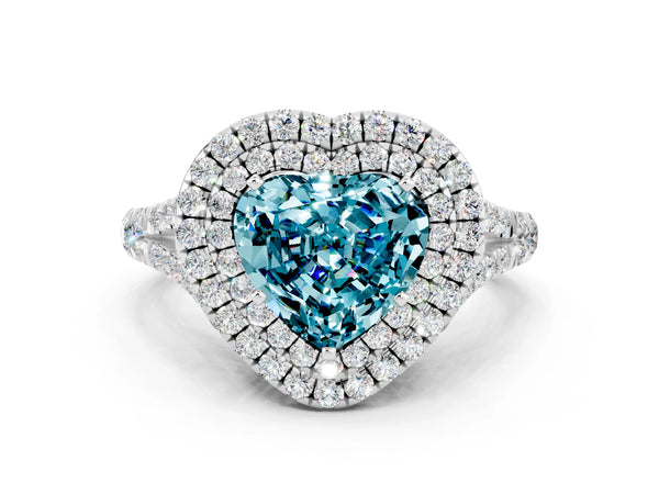 White gold Heart Cut Blue Topaz Double Halo Ring with Split Shank and Prong Setting