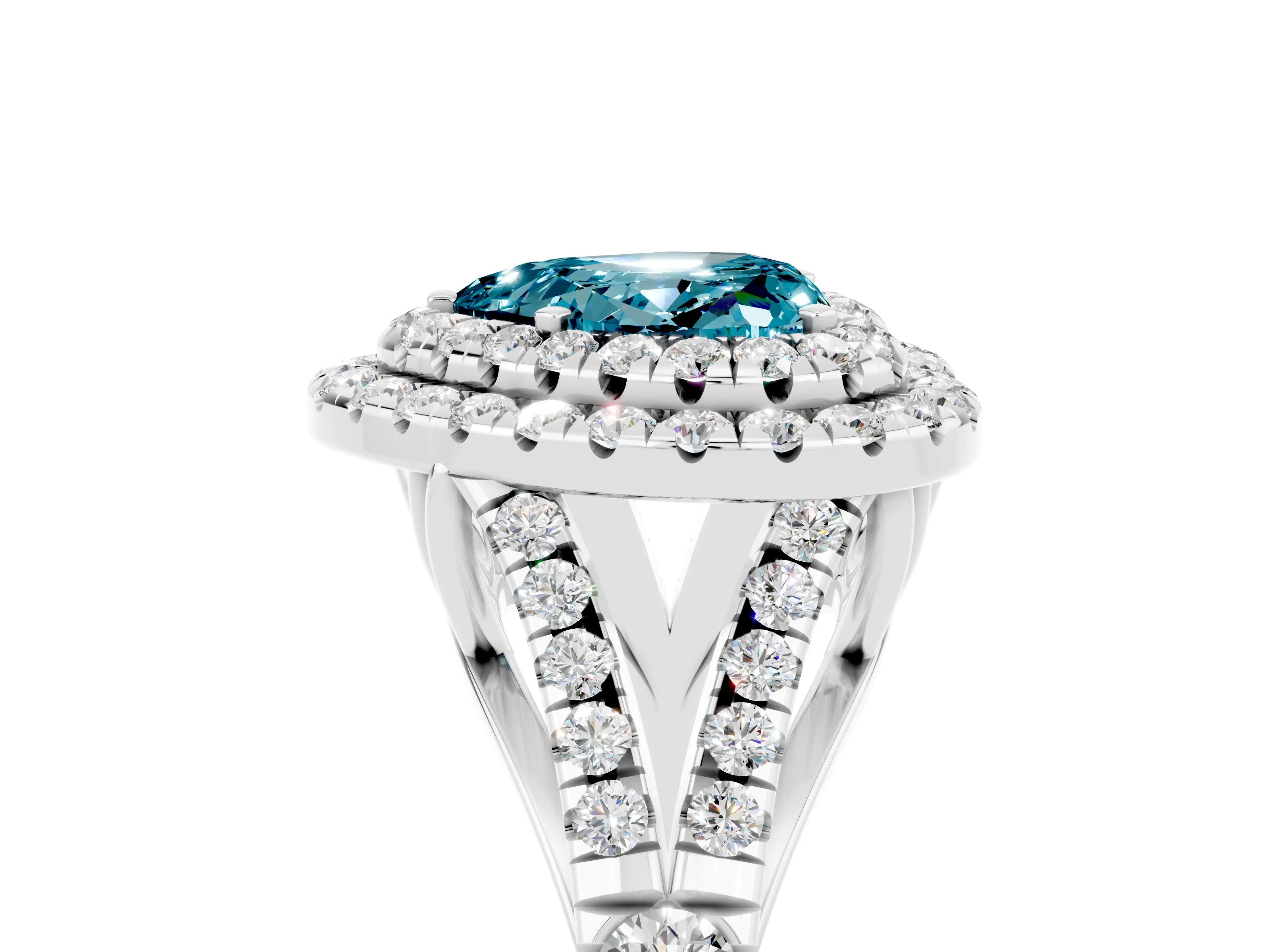 White gold Heart Cut Blue Topaz Double Halo Ring with Split Shank and Prong Setting_29