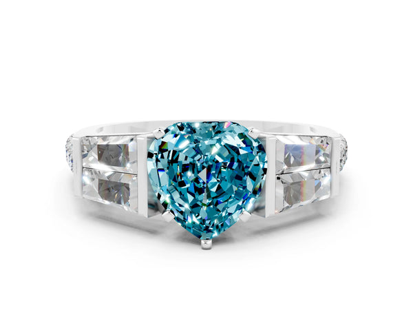 Silver Heart Cut Blue Topaz Engagement Ring with Baguette Side Stones and Channel Set Band
