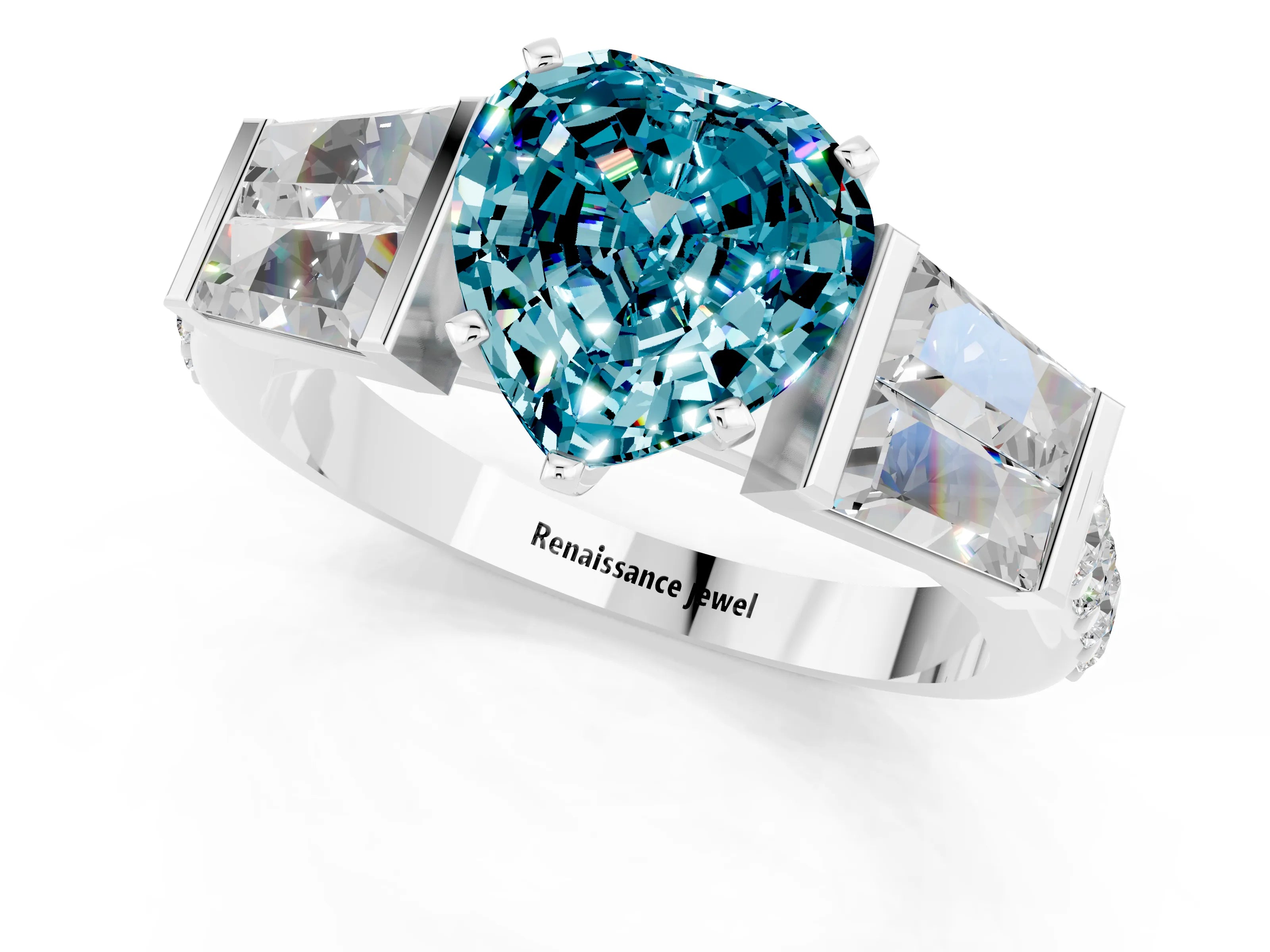 White gold Heart Cut Blue Topaz Engagement Ring with Baguette Side Stones and Channel Set Band_1