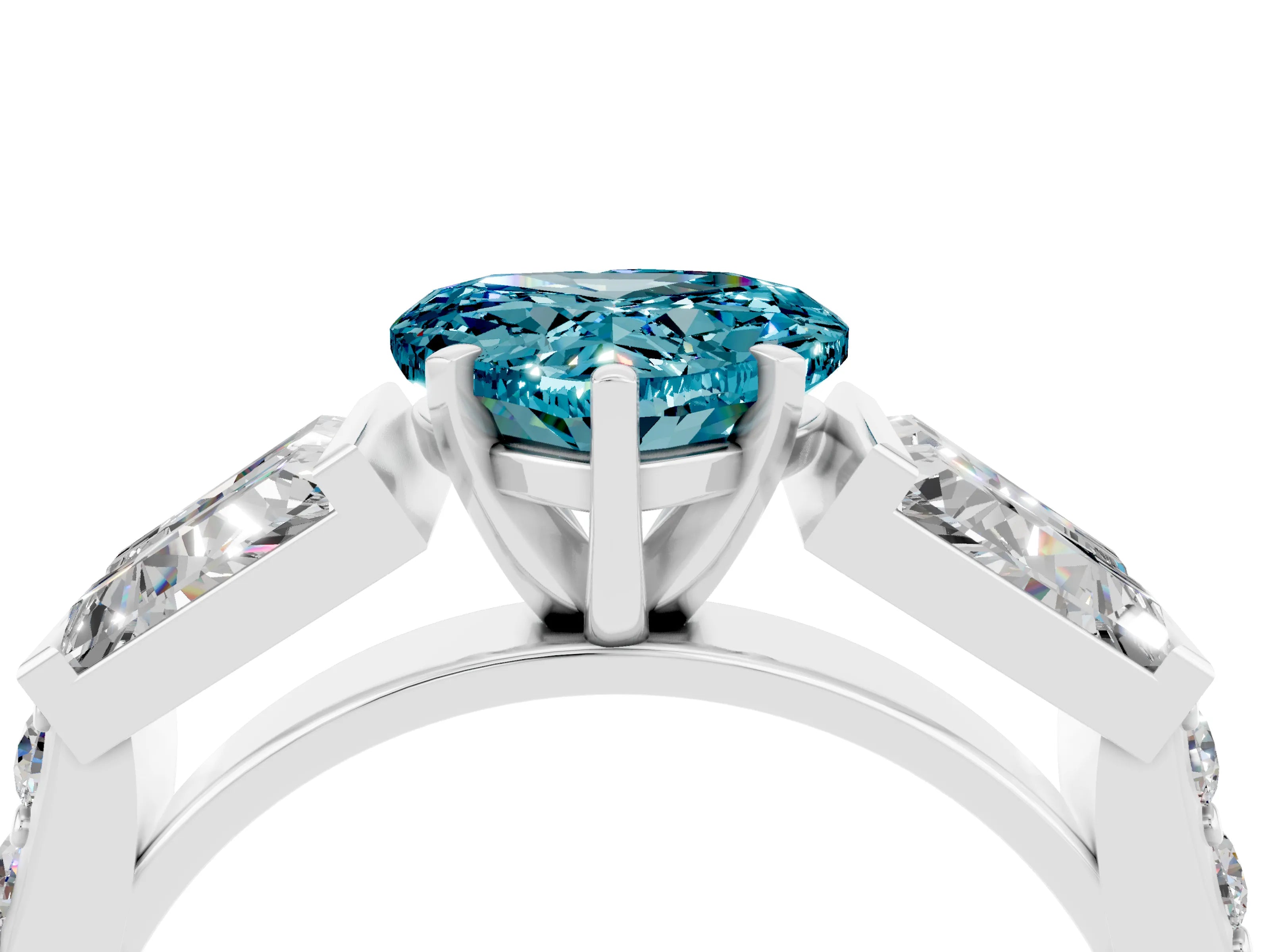 White gold Heart Cut Blue Topaz Engagement Ring with Baguette Side Stones and Channel Set Band_4