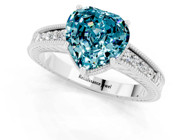 Silver Heart Cut Blue Topaz Engagement Ring with Milgrain Channel Set Band and Prong Setting